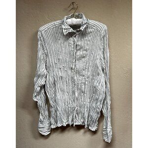 Alquema Women's Button Down Long Sleeve White Black Striped Crinkle Shirt Size 2